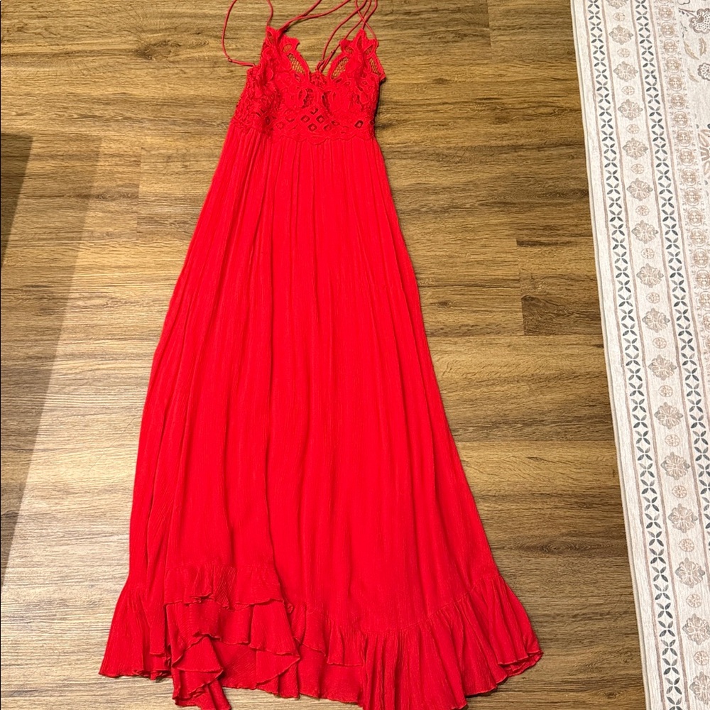 Free People Adella Maxi Slip Dress Bright Red Size Medium Crochet Ruffle Strappy
